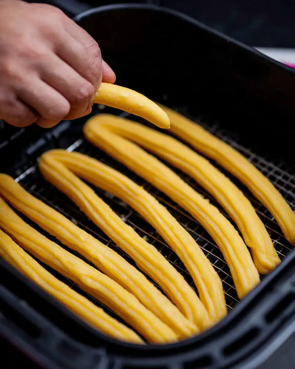 Making air fryer churro bites in a basket.