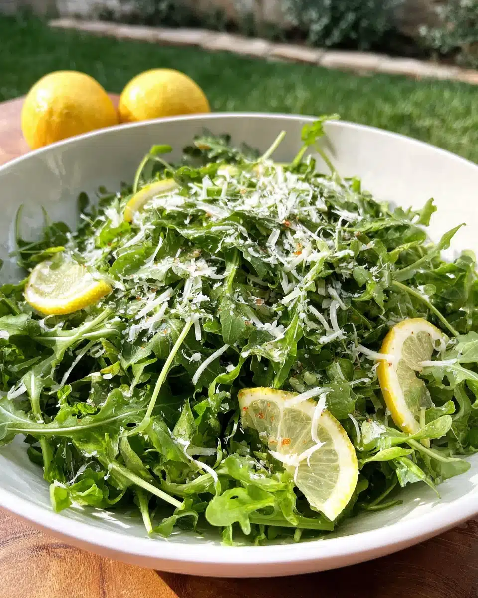 Arugula salad with lemon vinaigrette and cheese.