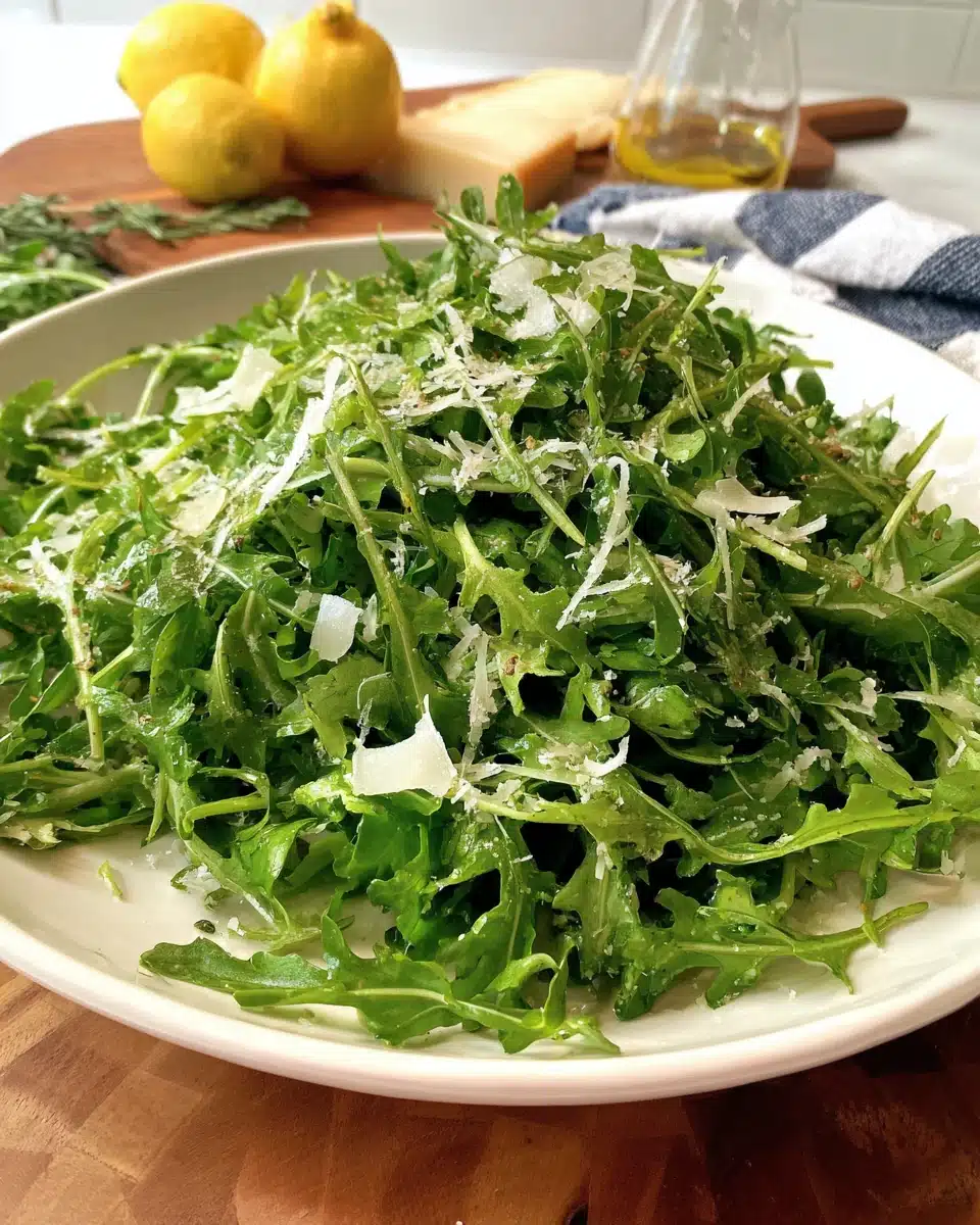 Delicious arugula salad with lemon vinaigrette and Parmesan cheese.