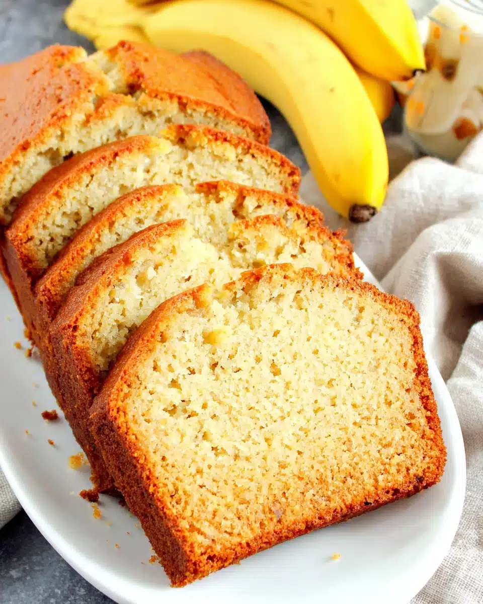 Moist banana bread with sour cream slices ready to serve.