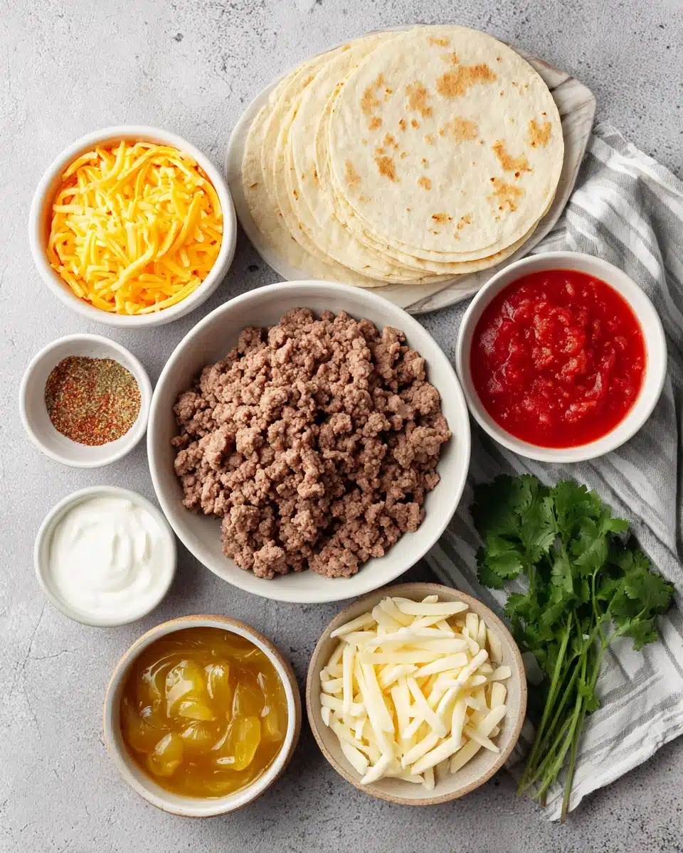 Ingredients for beef and cheese chimichangas on a counter.
