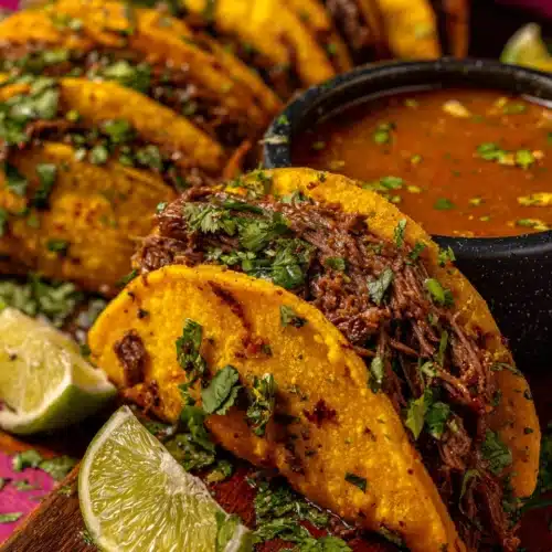 Delicious beef birria tacos dipped in savory broth.