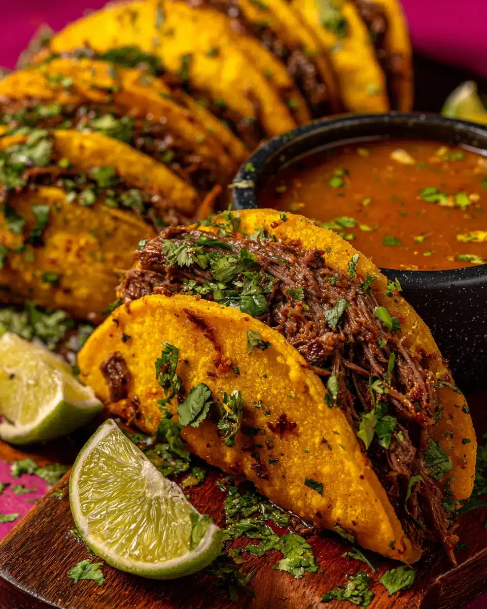 Delicious beef birria tacos dipped in savory broth.