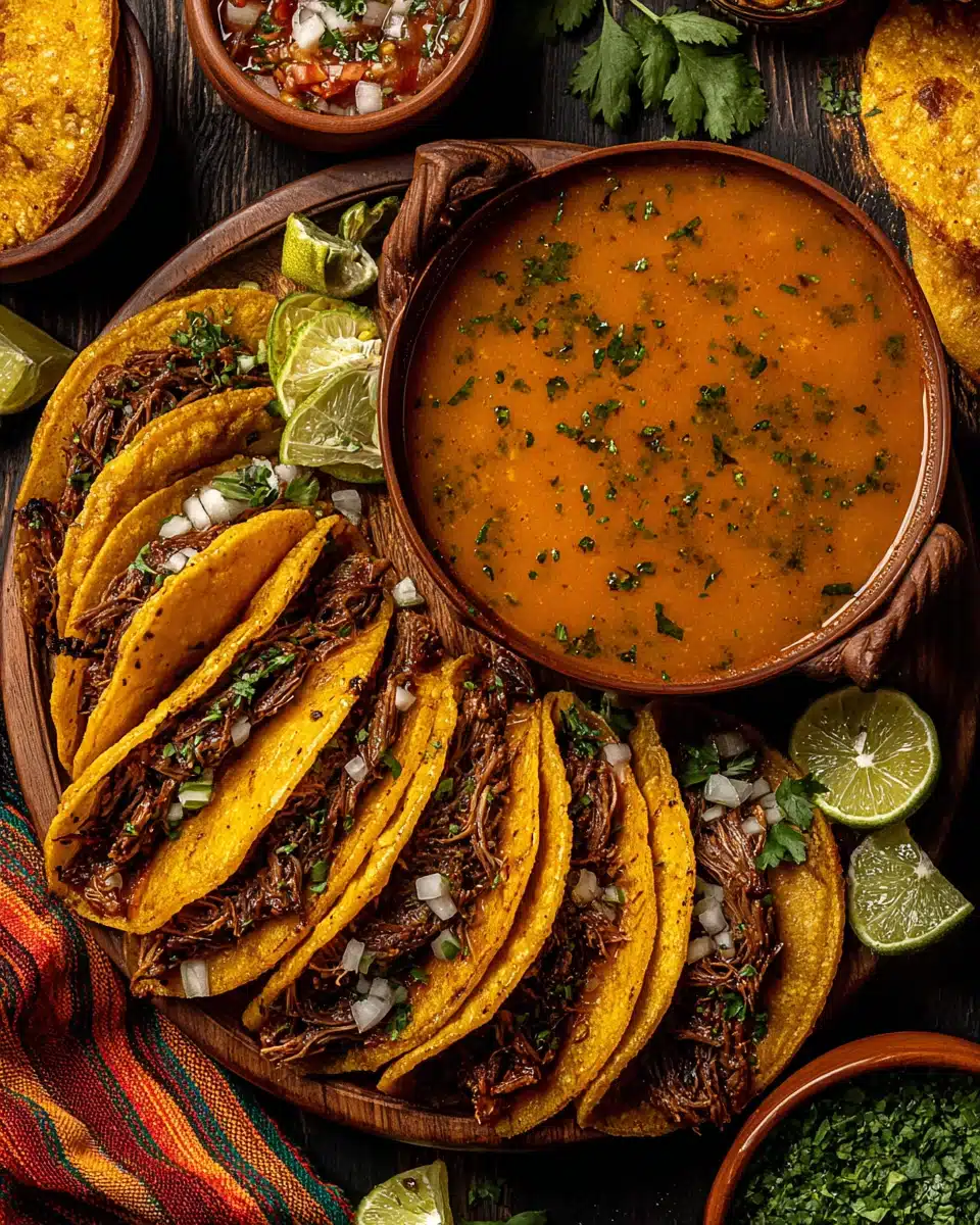Flavorful beef birria served with tacos and broth.