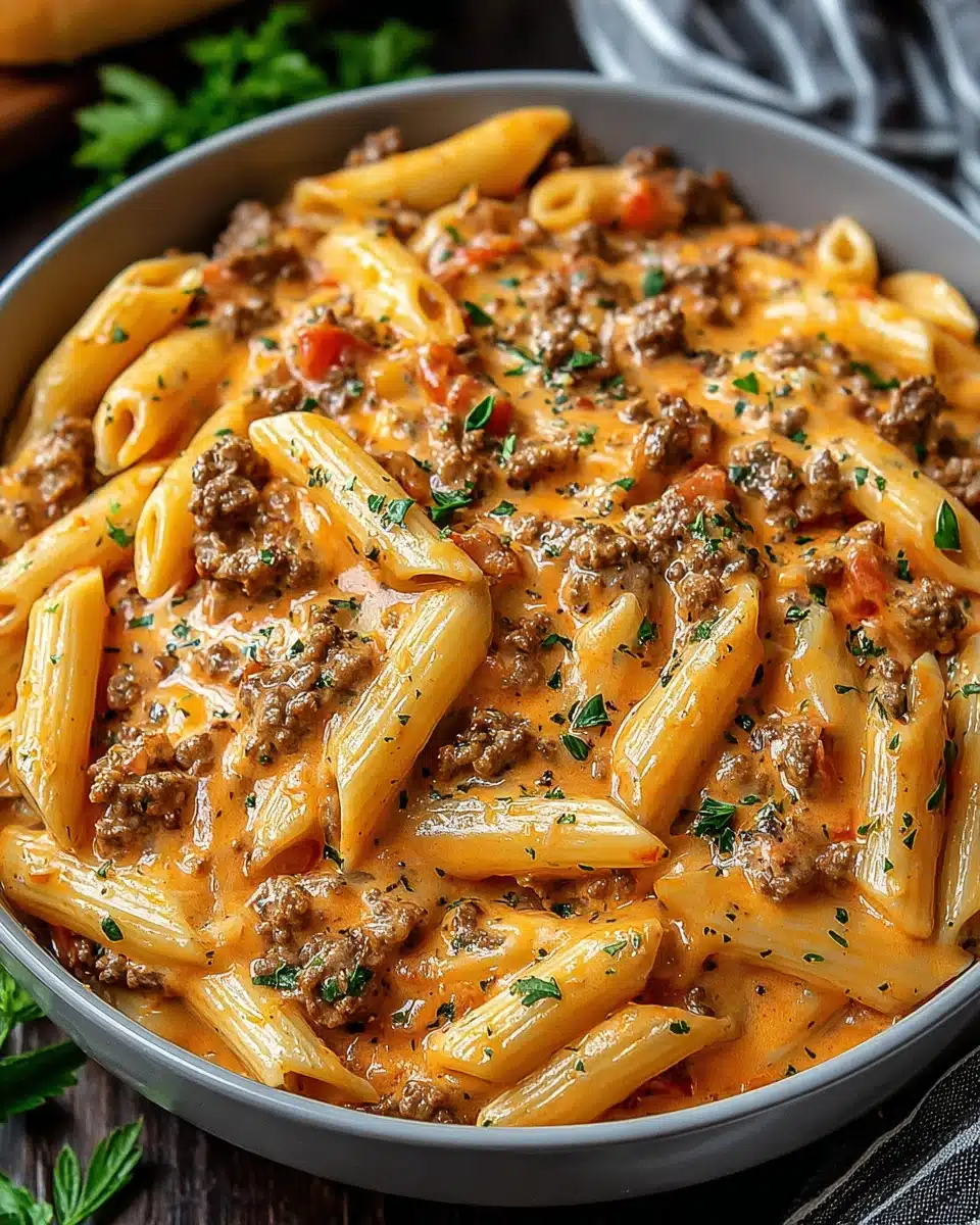 Delicious beef pasta with creamy sauce and penne for dinner.