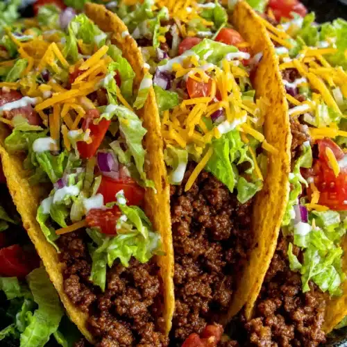 Flavorful beef tacos topped with fresh vegetables and creamy sauce.