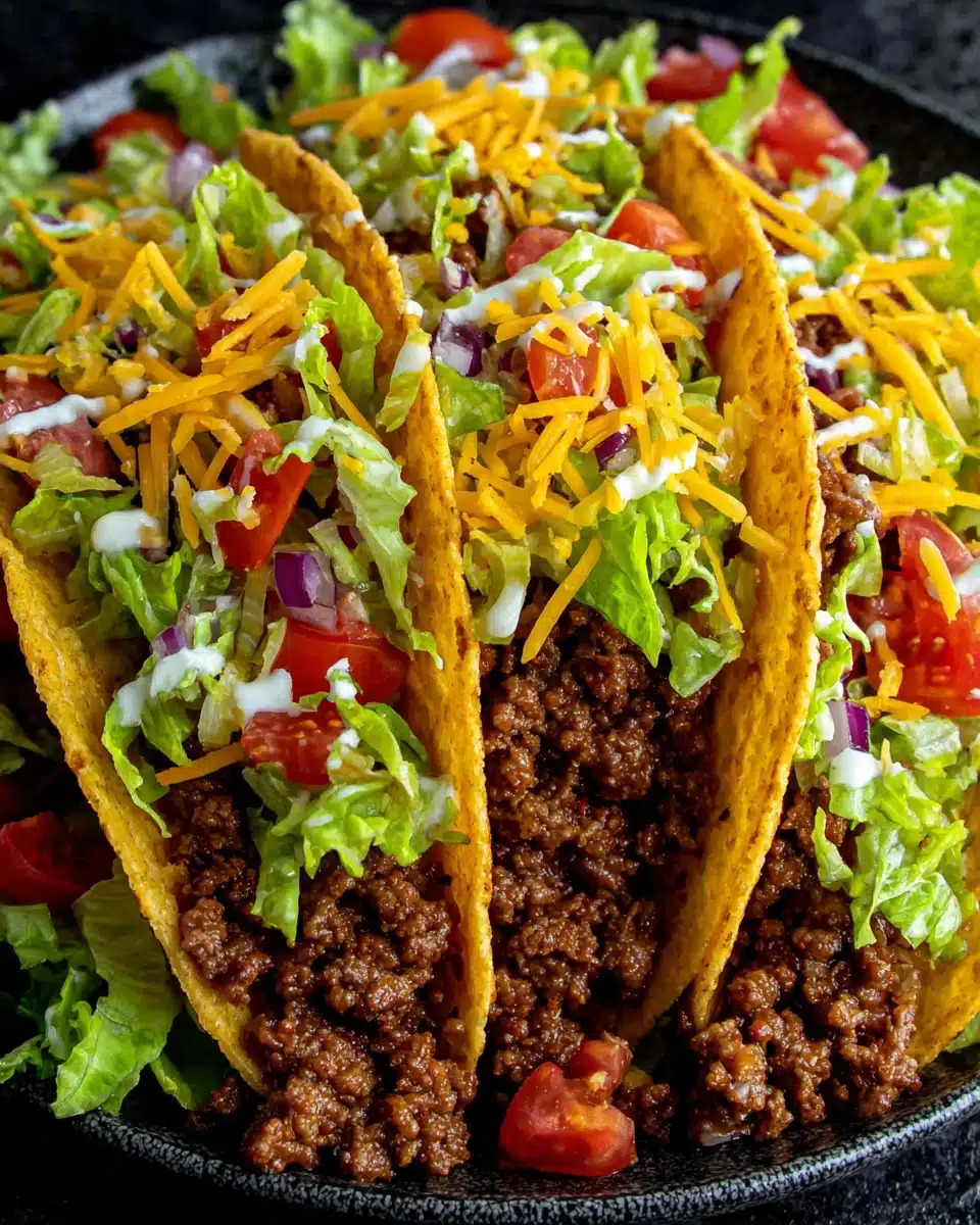 Flavorful beef tacos topped with fresh vegetables and creamy sauce.