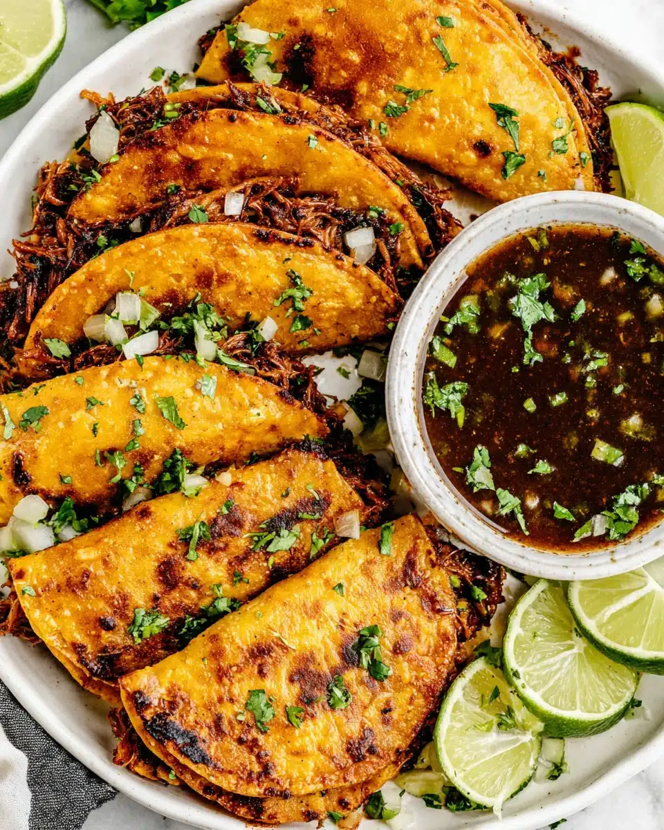 Delicious birria easy slow cooker tacos with lime.