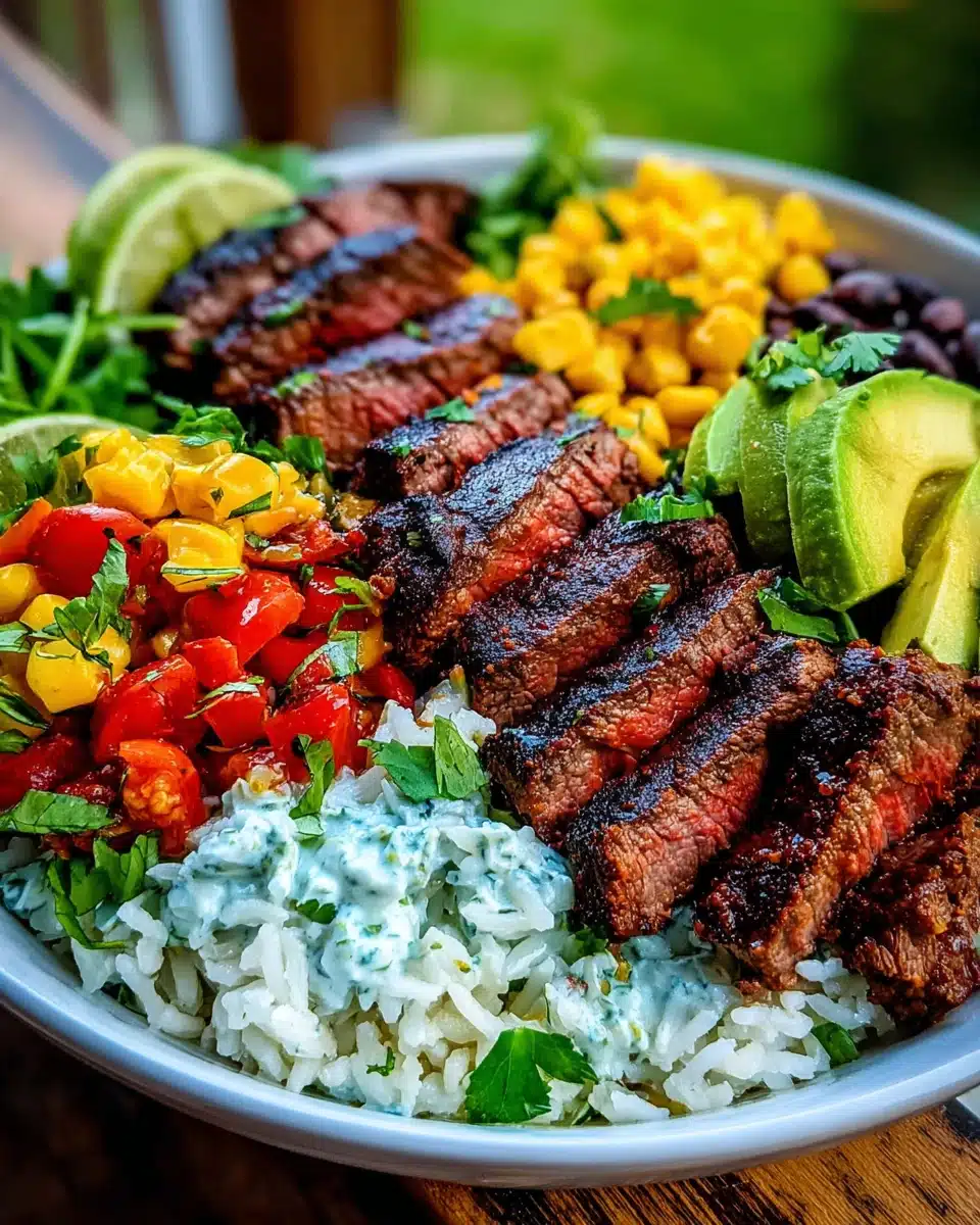 Delicious bowls recipe with steak and vibrant toppings.