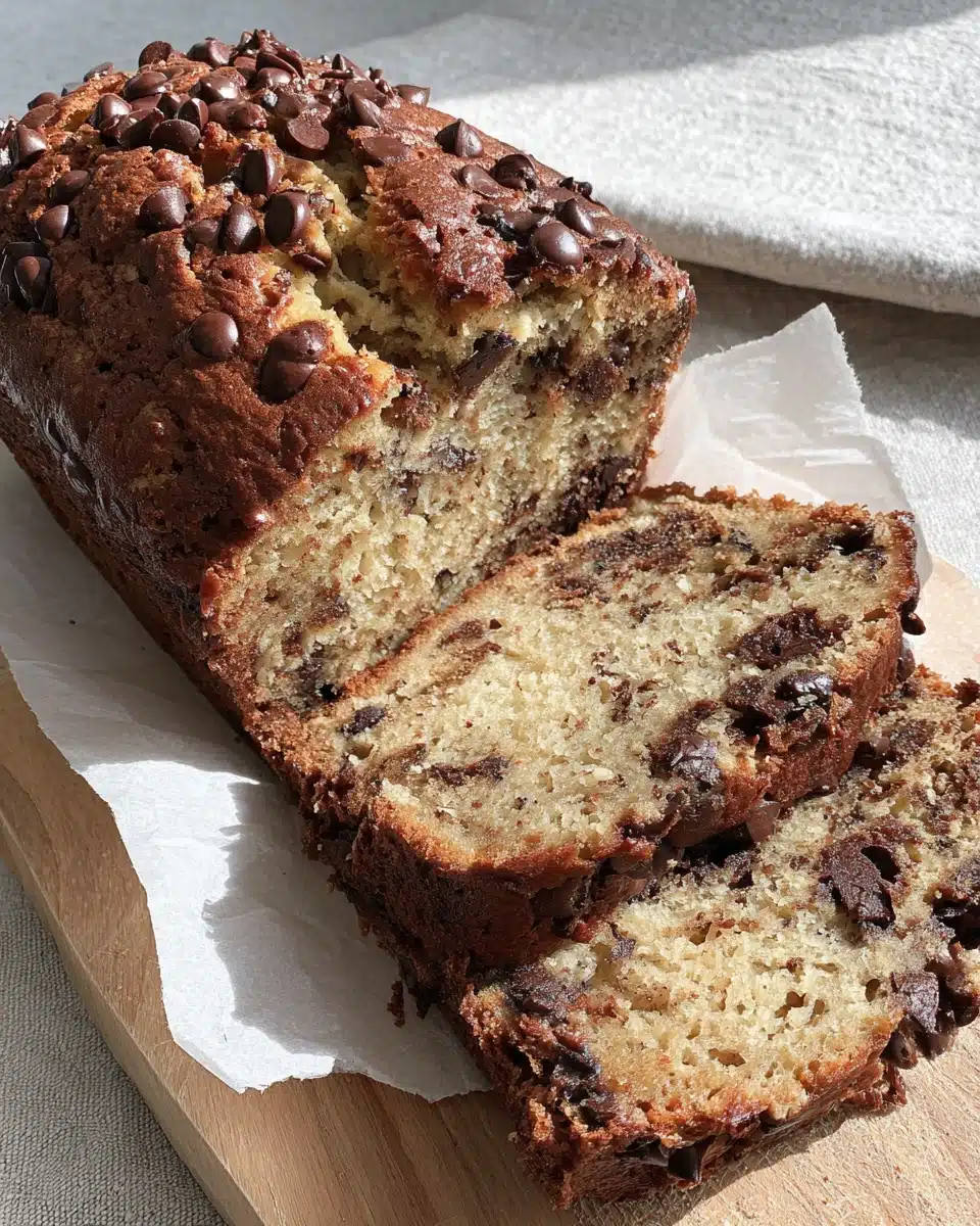 Delicious brown butter chocolate chip banana bread ready to enjoy.