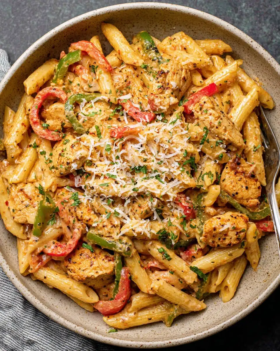 Delicious cajun chicken pasta with bell peppers and parmesan.