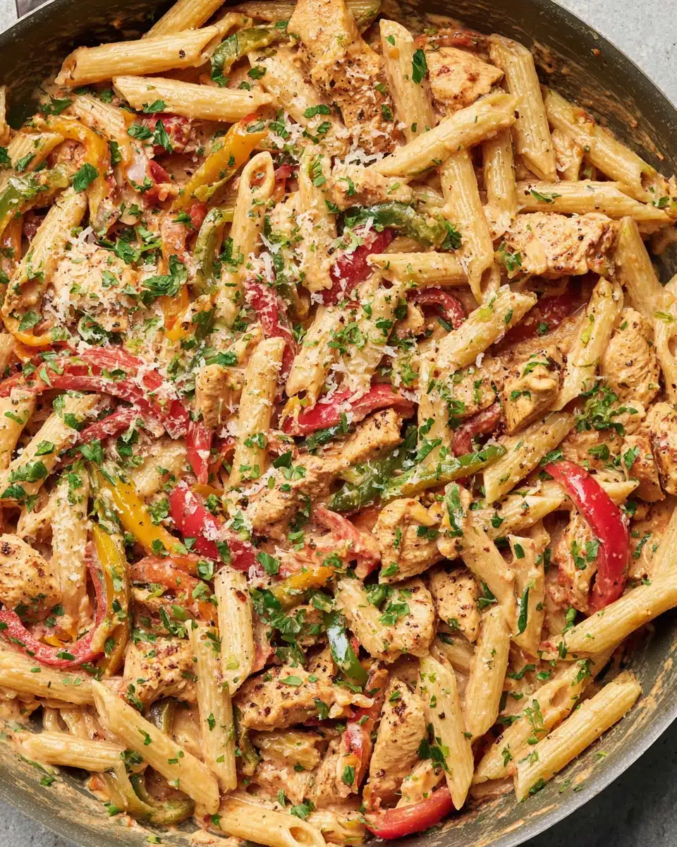 Creamy Cajun chicken pasta with colorful peppers and Parmesan.