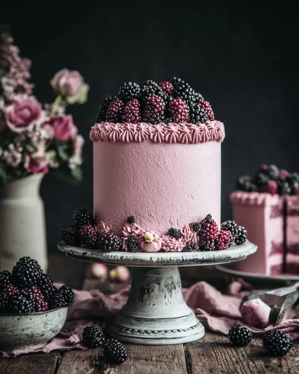 Delightful blackberry layer cake with decorative frosting.