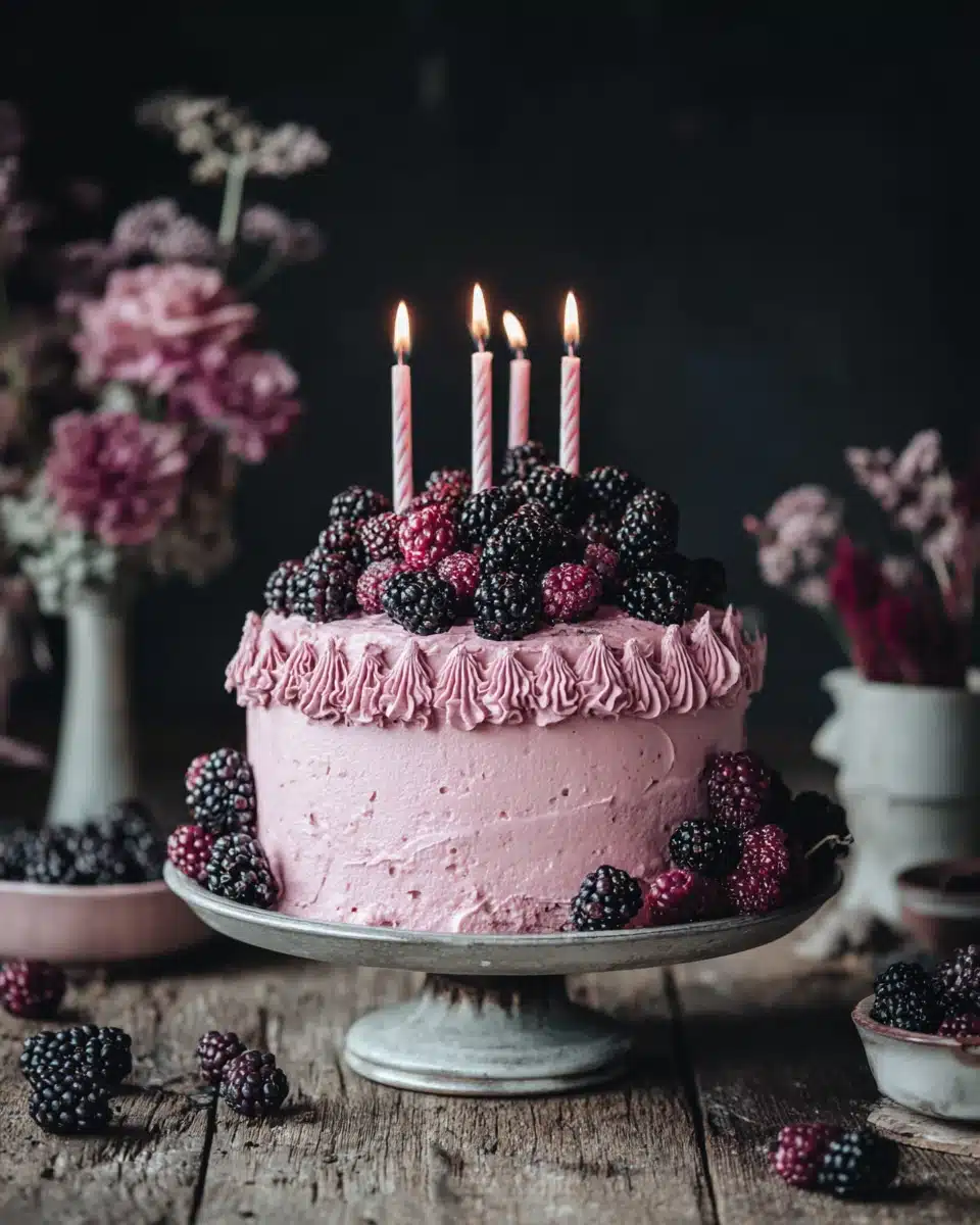 Stunning blackberry layer cake decor with frosting and blackberries.