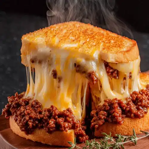 Cheesy ground beef melt sandwich with melted cheese.