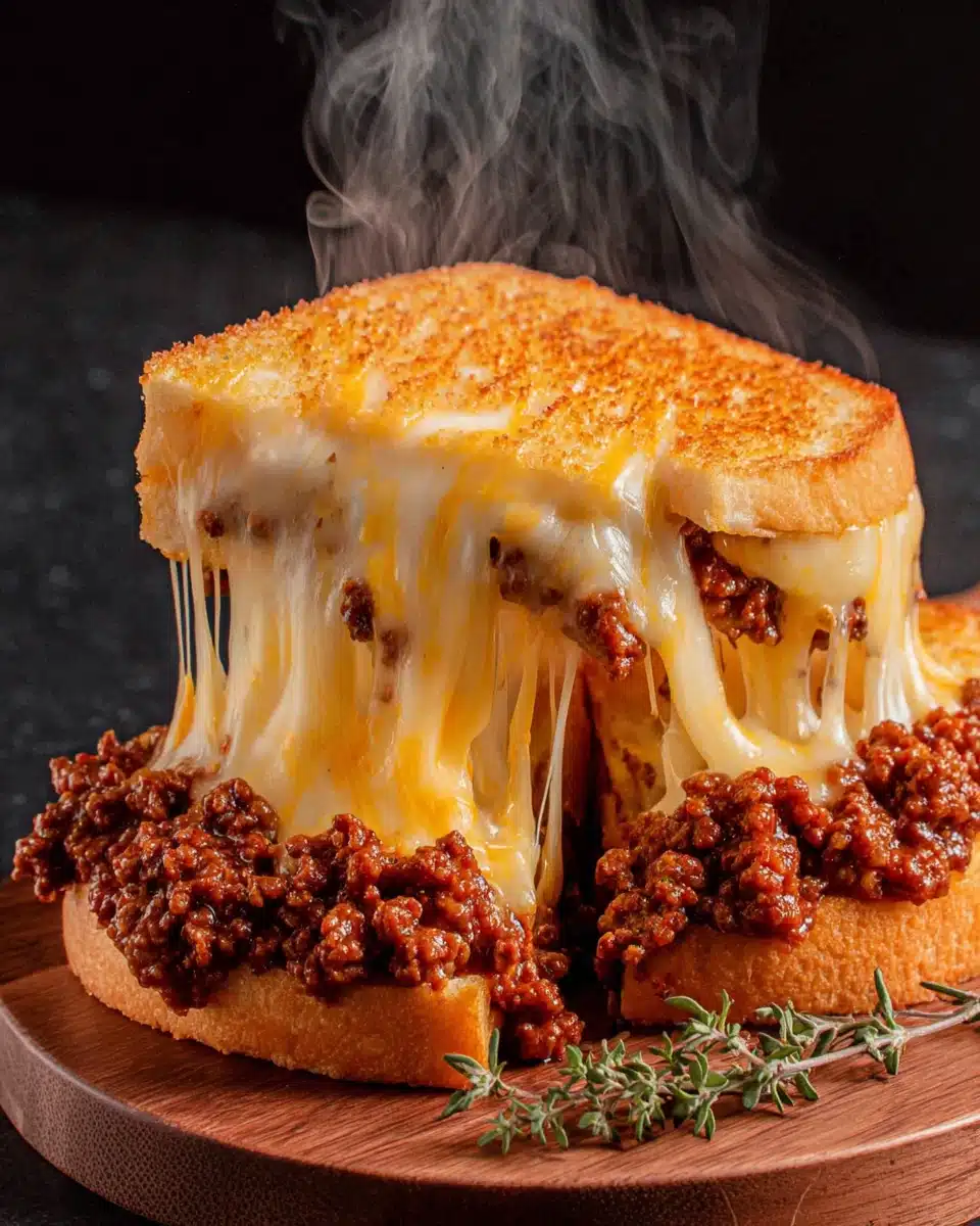 Cheesy ground beef melt sandwich with melted cheese.