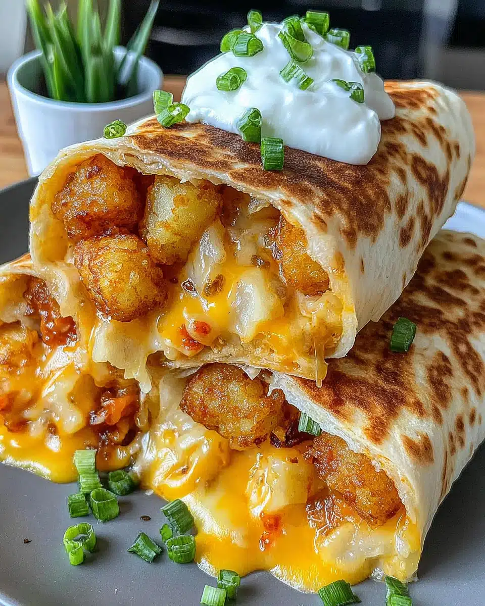 Cheesy potato burritos with crispy tots, perfect for family dinners.