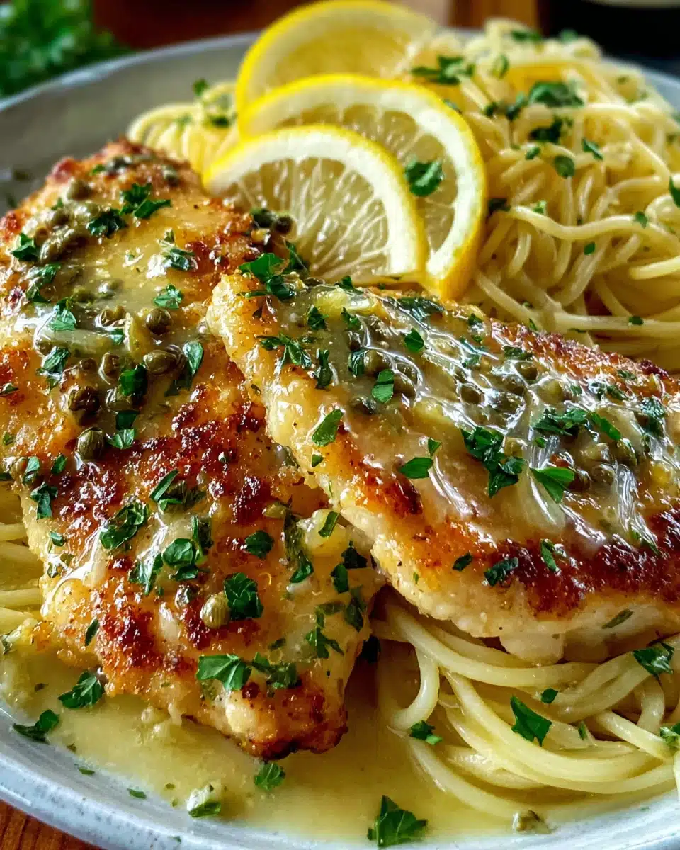Delicious chicken piccata with lemon and capers served with pasta.