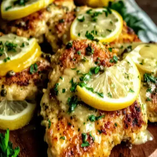 Chicken piccata with lemon and capers, served with parsley garnish.