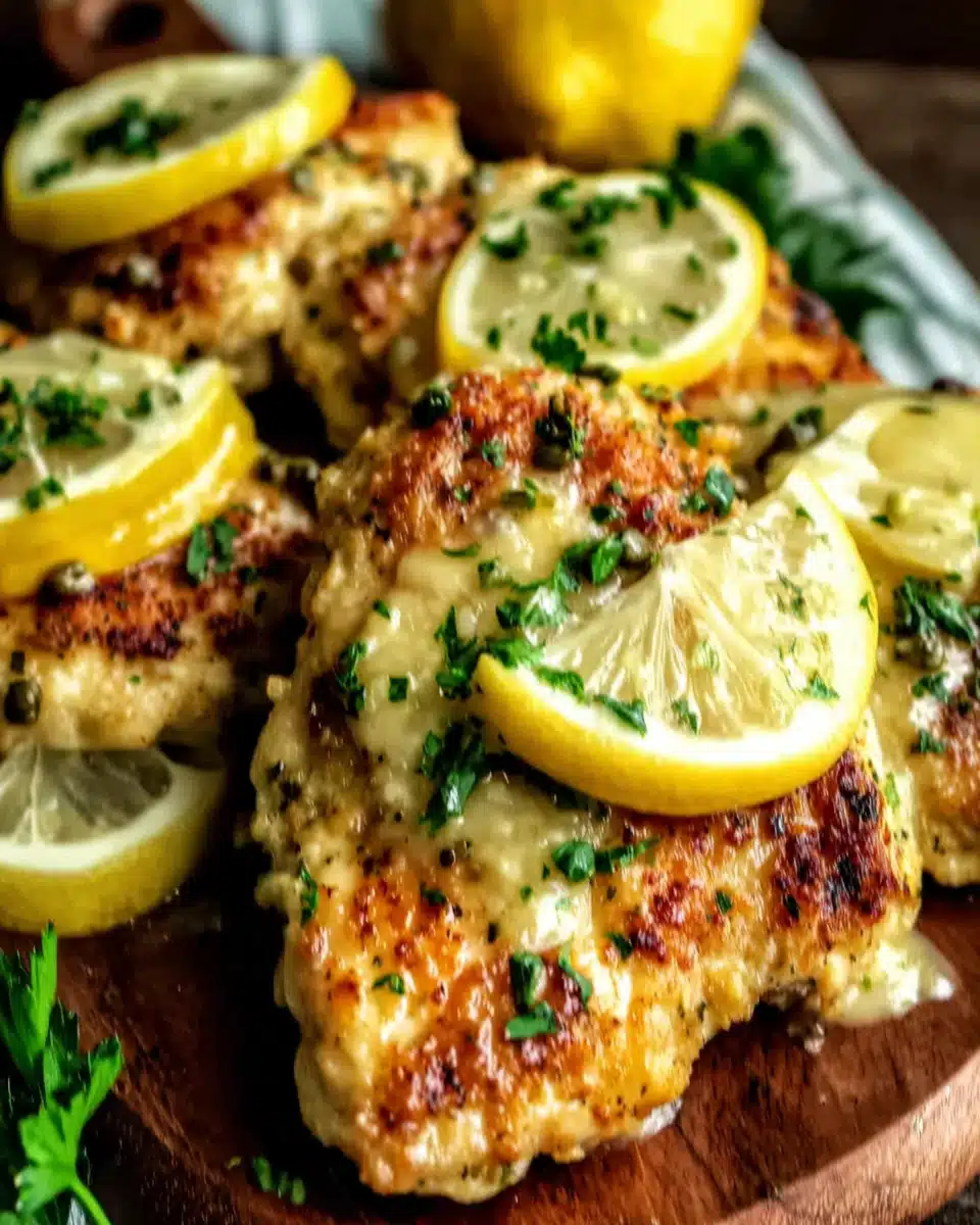 Chicken piccata with lemon and capers, served with parsley garnish.
