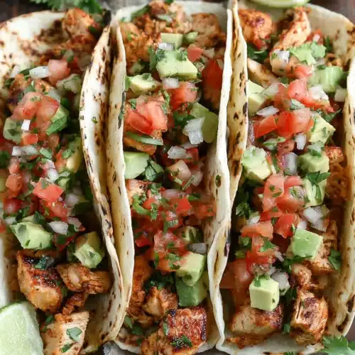 Flavorful chicken tacos topped with fresh ingredients.