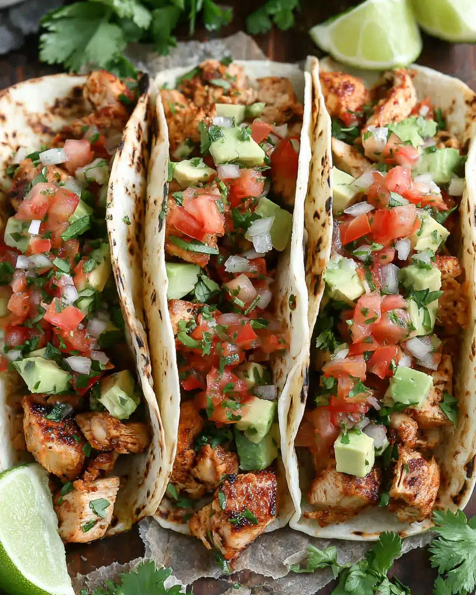 Flavorful chicken tacos topped with fresh ingredients.