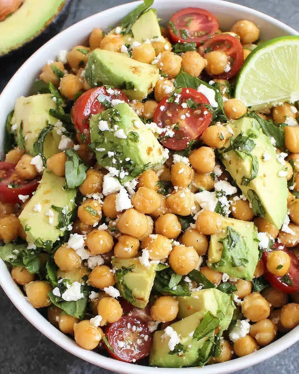 Chickpea Feta Avocado Salad Recipe Chickpea feta avocado salad in a bowl.