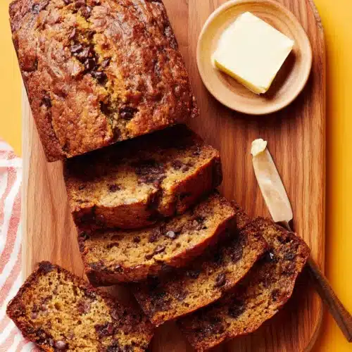Delicious chocolate chip banana bread slices with butter