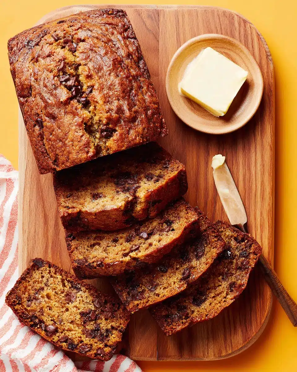 Delicious chocolate chip banana bread slices with butter