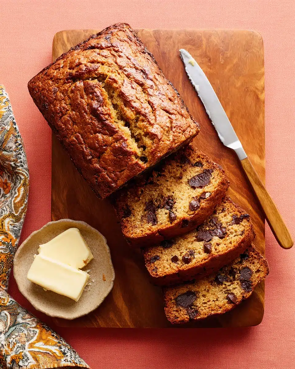 Delicious chocolate chip banana bread for breakfast or dessert.