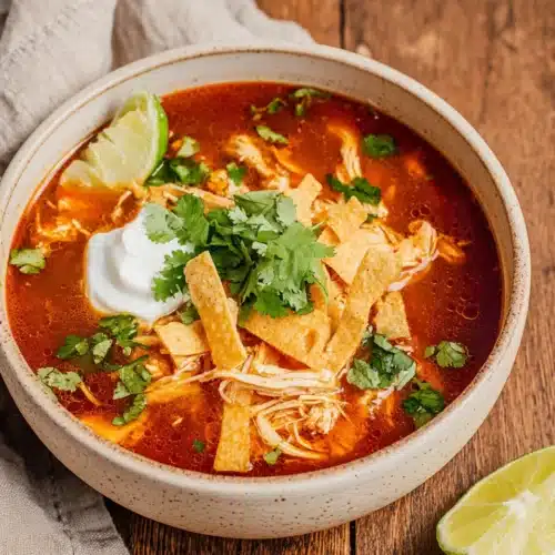 Classic chicken tortilla soup with crispy toppings and cilantro.