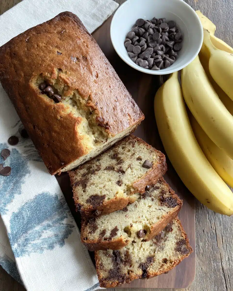 Classic chocolate chip banana bread with bananas and chocolate chips.