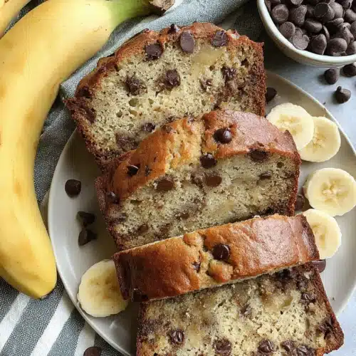 Classic chocolate chip banana bread slices with chocolate chips.