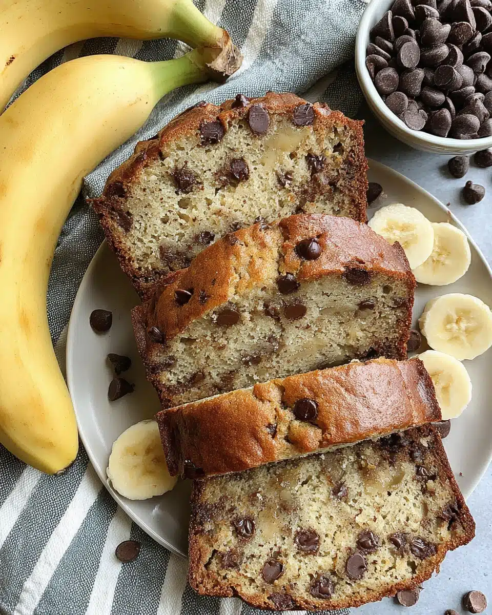 Classic chocolate chip banana bread slices with chocolate chips.