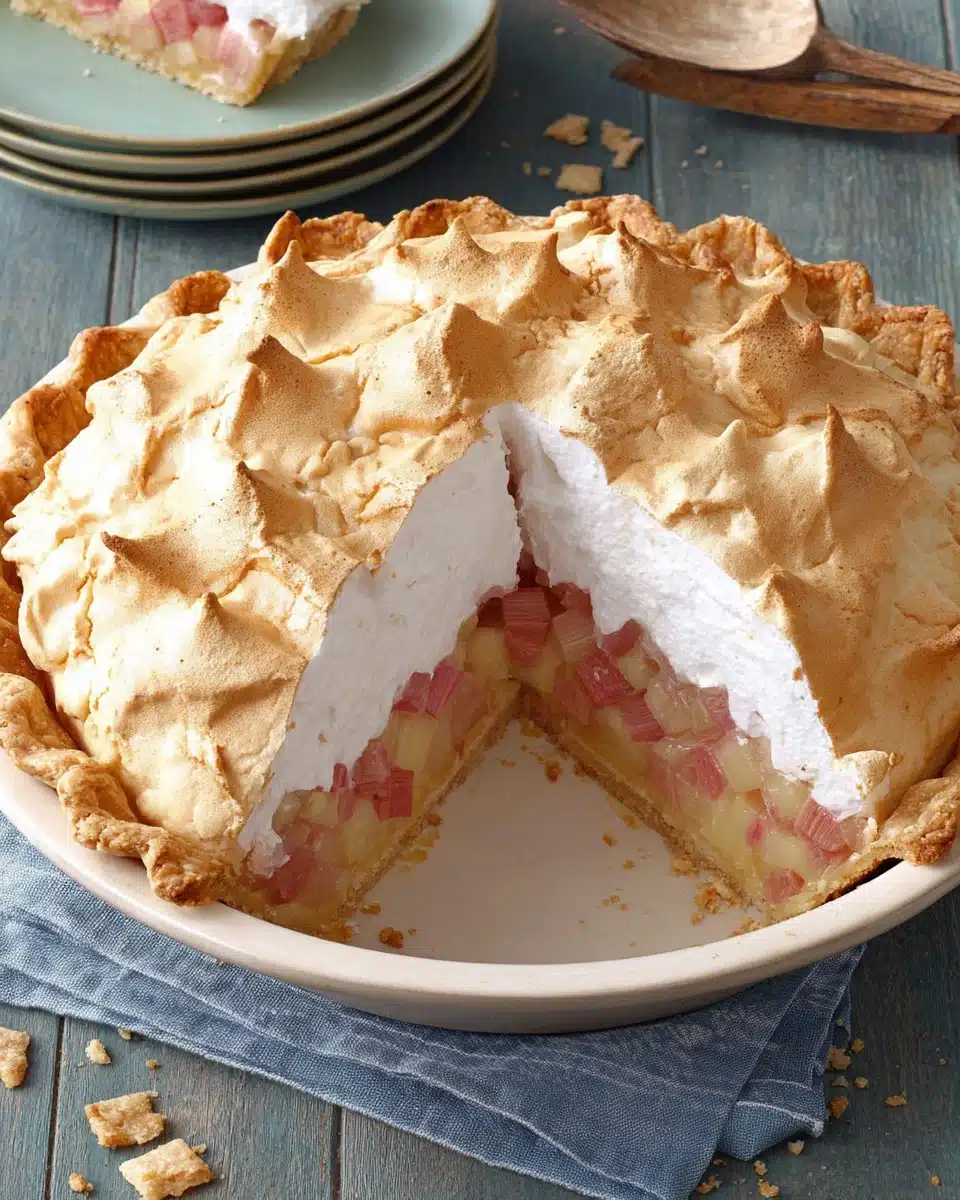 Contest winning rhubarb meringue pie with creamy filling and meringue topping.