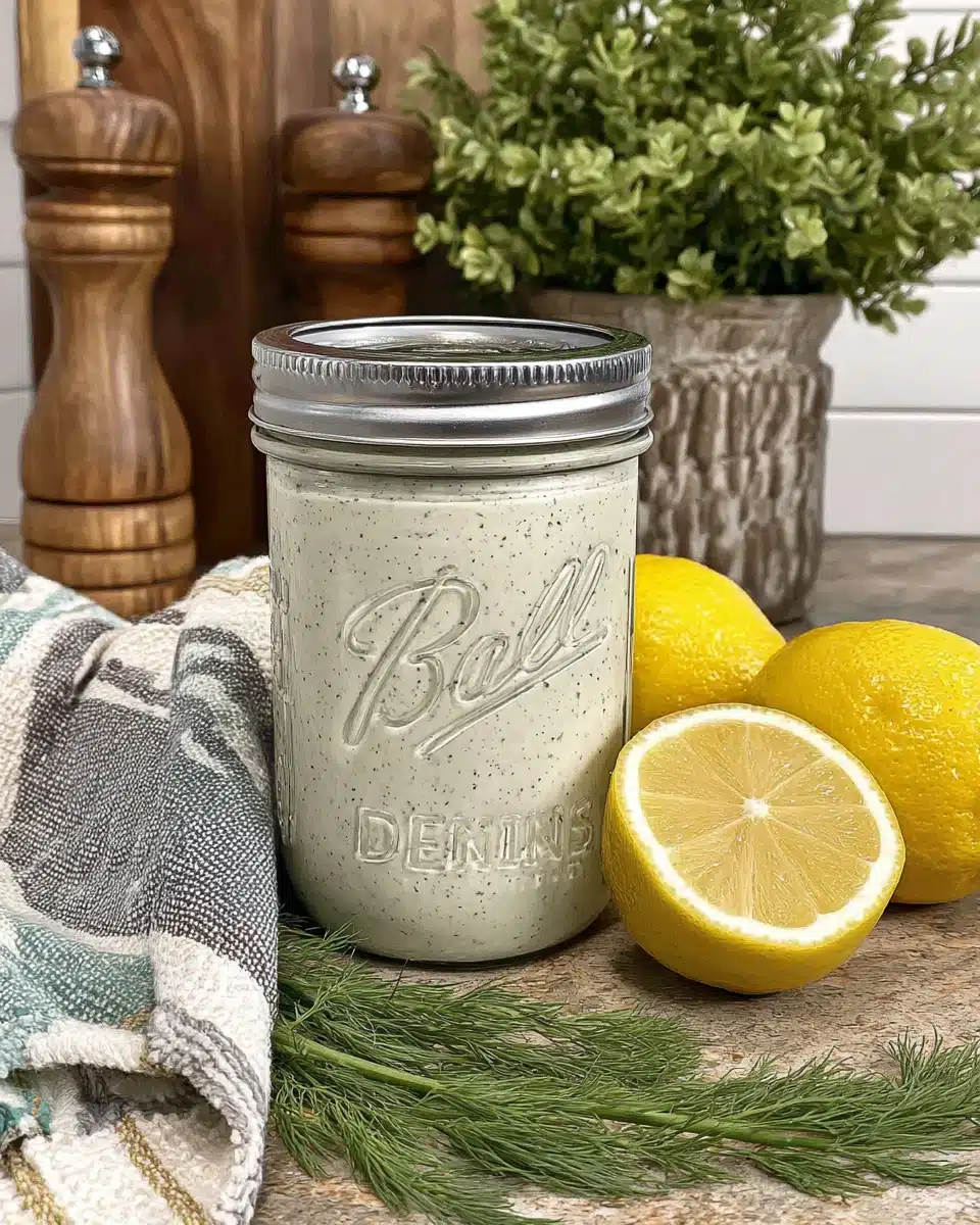 Delicious creamy lemon dill dressing in a jar.