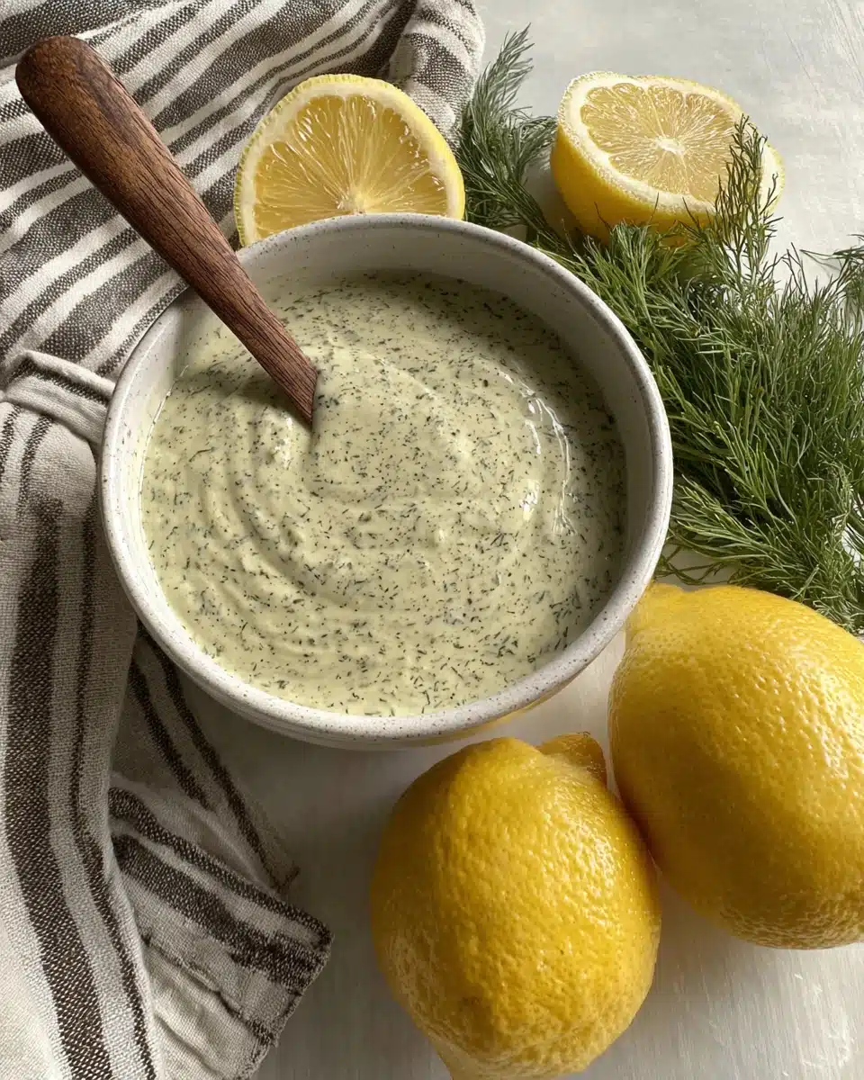 Creamy lemon dill dressing in a bowl with fresh ingredients.