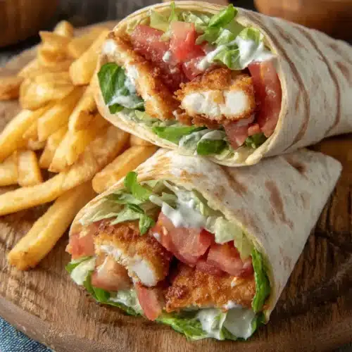 Crispy chicken wrap filled with lettuce, tomato, and ranch dressing.