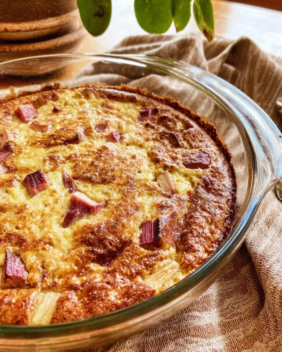 Crustless Rhubarb Custard Pie Recipe Delicious crustless rhubarb custard pie by Anne Dovel.