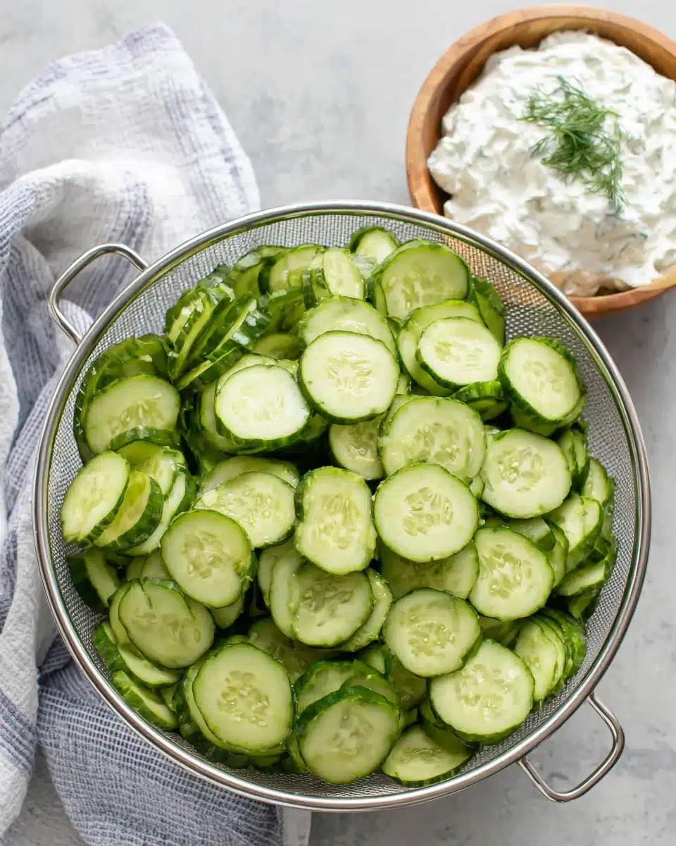 Refreshing Cucumber Salad with creamy dressing and dill.