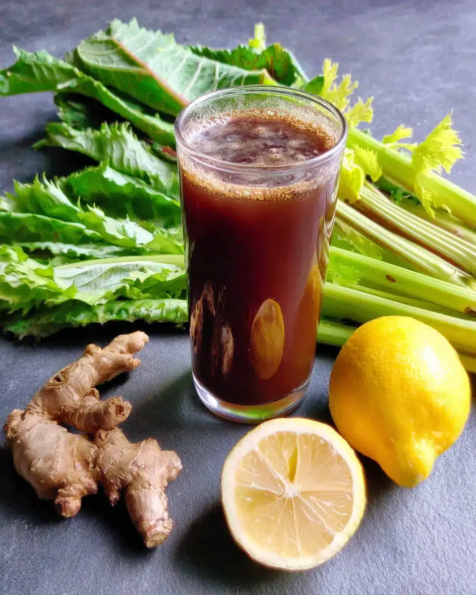 Dandelion detox green smoothie with fresh ingredients.