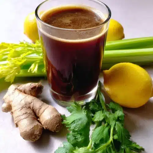 Dandelion detox green smoothie with fresh ginger and cilantro.
