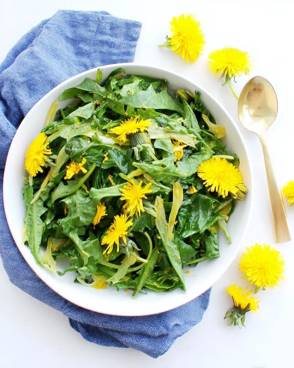 Fresh dandelion leaf salad with fennel and mustard dressing.
