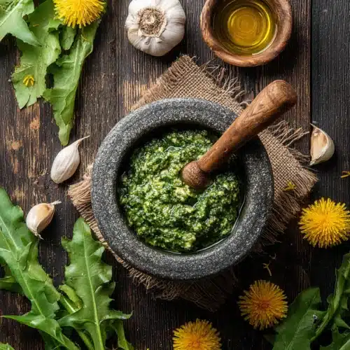 Delicious dandelion pesto recipe ingredients and preparation.