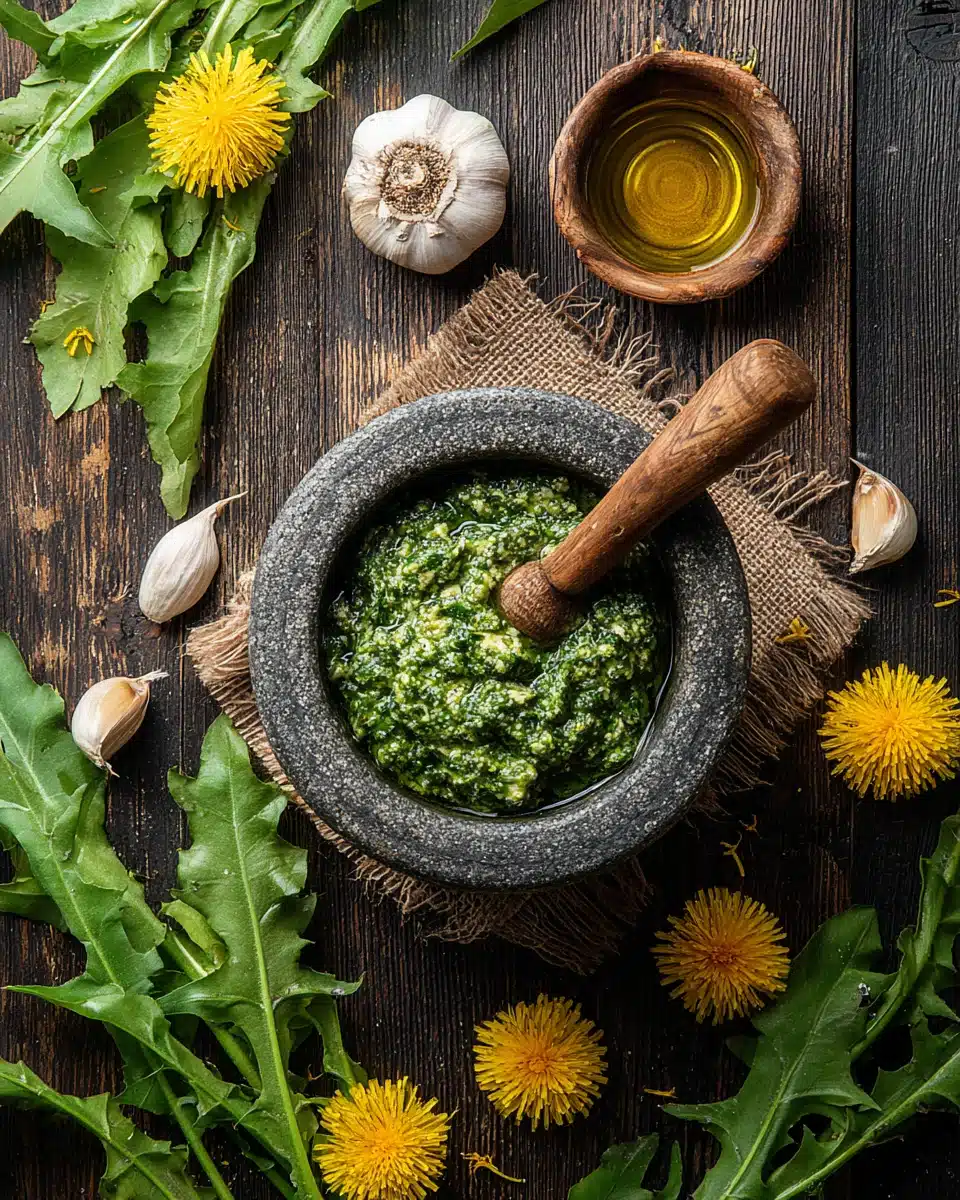 Delicious dandelion pesto recipe ingredients and preparation.