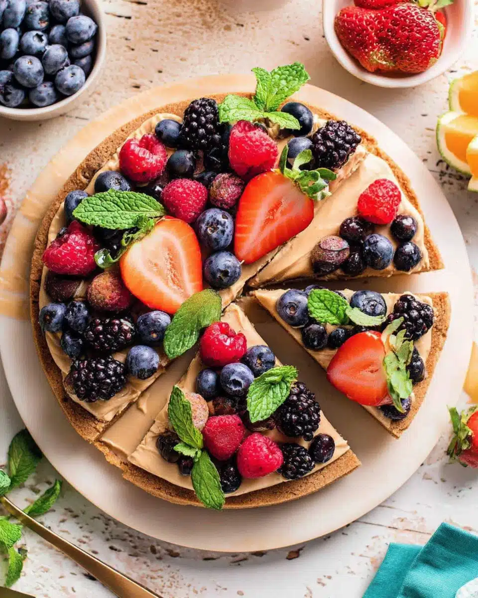 Delightful dessert pizza with brown sugar cookie and fresh fruits.