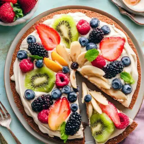 Dessert pizza with brown sugar cookie & colorful fruits.
