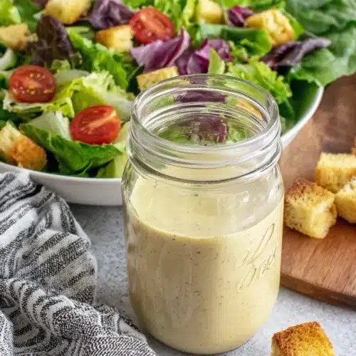 Easy Caesar salad dressing without anchovies in a jar.