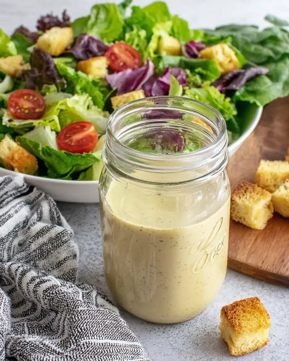 Easy Caesar salad dressing without anchovies in a jar.