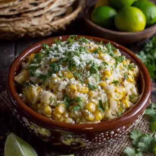 Creamy Mexican street corn (elote) dish in a bowl.
